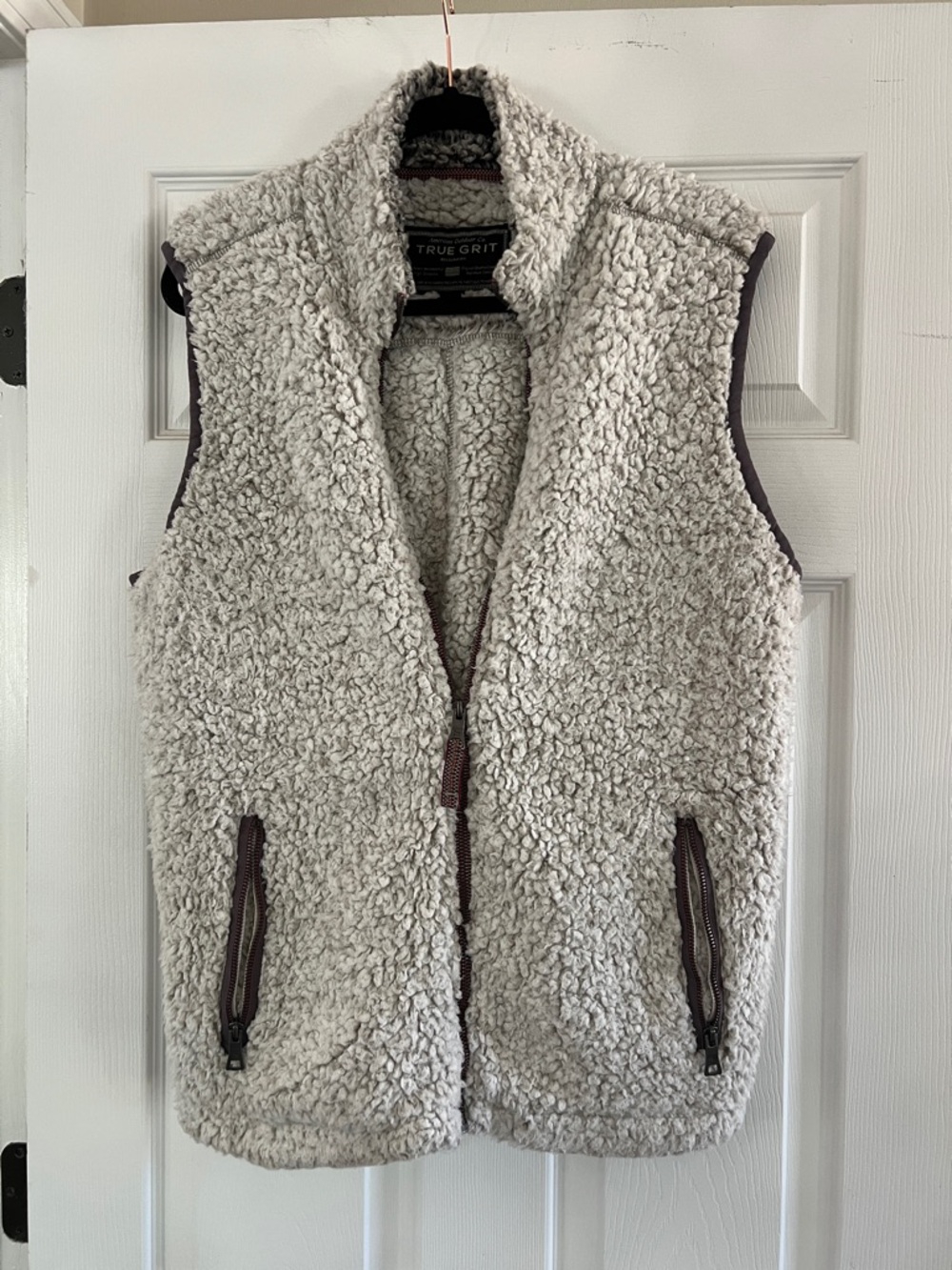 True Grit Cream Sherpa Vest with Brown Trim